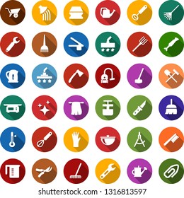 Color back flat icon set - shovel and rake vector, hair dye, rubber glove, broom, vacuum cleaner, fetlock, sponge, car, trowel, watering can, bucket, sickle, garden knife, farm fork, wheelbarrow