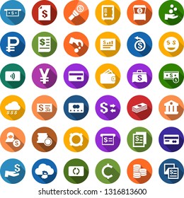 Color back flat icon set - credit card vector, safe, bitcoin cloud, receipt, yen, ruble, cent, currency, coin, dollar exchange, cash, money rain, tap pay, smile, bank, account statement, chest, bag