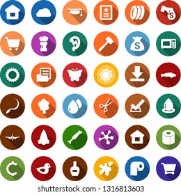 Color back flat icon set - sun vector, fish, plane, scissors, nail polish, nose, ear, shaving brush, molecule, splotch, plates, toilet paper, lawn mower, sickle, tree, butterfly, bird, water drop
