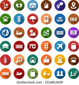 Color back flat icon set - plane vector, baggage trolley, conveyor, navigation, earth, pin, railroad, store, cash, traffic light, office phone, mobile tracking, sea shipping, cargo container, port