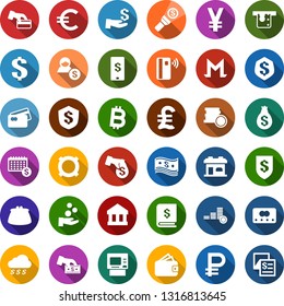 Color back flat icon set - barbershop building vector, dollar sign, euro, yen, pound, bitcoin, ruble, monero, currency, mobile payment, coin, cash, money rain, credit card, tap pay, insurance, atm