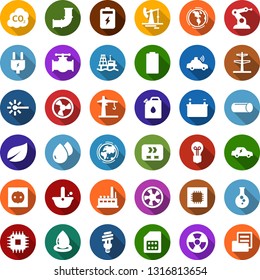 Color back flat icon set - offshore oil platform vector, fan, battery, jack, leaf, flask, pipeline, earth, bulb, power line pillar, plug, socket, factory, conveyor, canister, water drop, nuclear