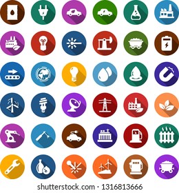 Color back flat icon set - battery vector, oil jack, mine trolley, leaf, gas station, flask, windmill, earth, barrel, bulb, hydro power plant, line pillar, plug, factory, eco, conveyor, water drop