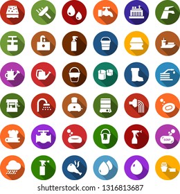 Color back flat icon set - bucket vector, sprayer, soap, scraper, water tap, sponge, drop, shower, sink, well, hose, drip irrigation, watering can, boot, rain, oil pipeline, hydro power plant, pipes