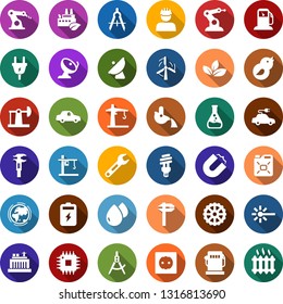 Color back flat icon set - battery vector, oil jack, leaf, gas station, flask, windmill, earth, hydro power plant, plug, socket, eco factory, gear, workman, canister, bird, water drop, bulb, magnet