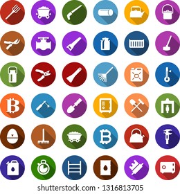 Color back flat icon set - milk can vector, shovel and rake, security gate, safe, bitcoin sign, trowel, farm fork, wheelbarrow, pruner, saw, garden knife, hoe, mine trolley, oil pipeline, barrel