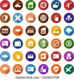 Color back flat icon set - steak vector, cheese, dispatcher, no smoking, baby room, reception, globe, bed, wallet, mining equipment, bitcoin, house, seedling, electric car, sim card, term, shield