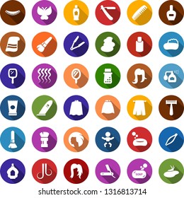 Color back flat icon set - baby vector, comb, mirror, pump sprayer, creme, razor, nail polish, shampoo, parfume, hair trimmer, iron, make up brush, shaving, cloack, spa, wave of, eyelashes, tweezers