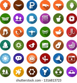 Color back flat icon set - field vector, mortar, berry, sun, radar, wave of hair, eyelashes, woman, blockchain molecule, cube, scraper, splotch, tree, forest, bird, water drop, cpu, term, ruble