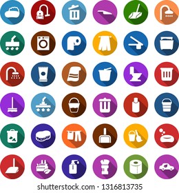 Color back flat icon set - bucket vector, trash bin, shower, creme, shampoo, shaving brush, towel, soap, and broom, vacuum cleaner, mop, scoop, sponge, toilet, drying clothes, washer, liquid, paper