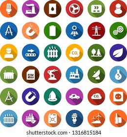 Color back flat icon set - fan vector, battery, sun panel, leaf, flask, windmill, thermal power plant, barrel, line pillar, socket, forest, factory, eco, gear, conveyor, workman, canister, bulb, car