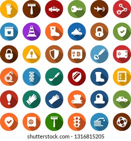Color back flat icon set - plane radar vector, alarm car, border cone, safe, lock, razor, rubber glove, bitcoin, chain, hose, boot, unmanned, traffic light, shield, key, attention sign, siren