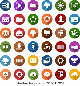 Color back flat icon set - blockchain molecule vector, cube, presentation graph, folder document, barcode, statistics report, network, server, cloud, shield, big data, browser, hub, lan connector