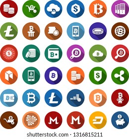 Color back flat icon set - bitcoin sign vector, ripple, litecoin, dash, iota, monero, neo, mining farm, search, globe, cloud, shield, phone, wheelbarrow, column, wallet, coin, insurance, dollar sun