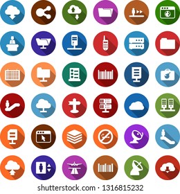 Color back flat icon set - runway vector, satellite antenna, elevator, escalator, no smoking, bomb in case, reception, flight table, list of services, signpost, office phone, barcode, server, cloud