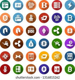 Color back flat icon set - bitcoin sign vector, etherium, ripple, dash, iota, monero, storm, neo, mining farm, equipment, card, site, palm, bag, chip, shield, safe, wheelbarrow, column, wallet