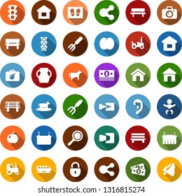 Color back flat icon set - cow vector, plum, tractor, train, bomb in case, baby, camera, ear, welcome mat, garden fork, bench, battery, cash, traffic light, share, home, connection, lock, bell