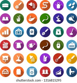 Color back flat icon set - fertilizer vector, growth graph, presentation, seedling, watering can, sproute, hoe, greenhouse, drip irrigation, sickle