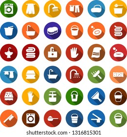 Color back flat icon set - bucket vector, rubber glove, towel, soap, scraper, fetlock, sponge, bath, drying clothes, washer, washing powder, shower, sink