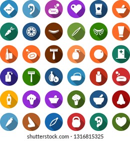 Color back flat icon set - broccoli vector, mortar, carrot, orange, smoking place, medical room, creme, shampoo, nose, ear, razor, eyelashes, tweezers, soap, liquid, glass bottle, heavy, heart