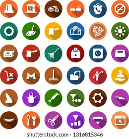 Color back flat icon set - dispatcher vector, spoon and fork, phone alarm, no smoking, baggage larry, scissors, nose, mustache, mirror, eyelashes, iota sign, monero, blockchain molecule, cube, scoop