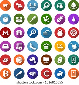 Color back flat icon set - barn vector, cow, steak, rabbit, ribs, pear, escalator, depilation, pump sprayer, beard, bitcoin sign, monero, mining farm, phone, water drop, boot, seedling, garden knife