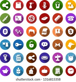 Color back flat icon set - spike vector, mortar, duck, pumpkin, comb, phone, beard, man hair, monero sign, bitcoin shield, lock chain, column, bucket, towel, trash bin, drying clothes, sprayer, well