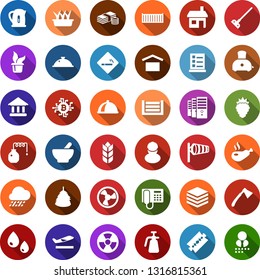 Color back flat icon set - distilizer vector, hay, berry, departure, smoking place, wind, razor blade, phone, list of services, mortar, mining farm, bitcoin chip, shovel, water drop, garden light