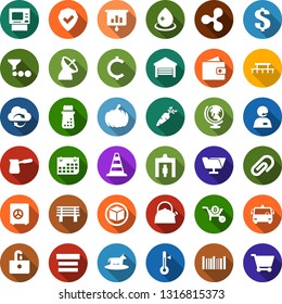 Color back flat icon set - cow vector, carrot, satellite antenna, airport bus, security gate, globe, border cone, wallet, ripple sign, cube, bitcoin wheelbarrow, presentation graph, water drop, sink