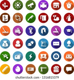Color back flat icon set - barrier vector, alarm clock, ticket, shop, luggage scales, comb, razor, storm sign, neo, mining, bitcoin exchange, cube, blockchain, wheelbarrow, rake, towel, water drop