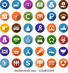 Juego de iconos planos en color dorso - vector de taxi, café, recepción, mapa del asiento, globo plano, tijeras, equipo minero, tienda, canasta, molécula de cadena de bloqueo, bodega, cortadora de césped, etiqueta de planta, transportador