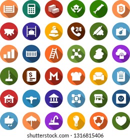 Color back flat icon set - barn vector, sowing, udder, umbrella, waiting area, bomb in case, luggage storage, spa, growth graph, bitcoin shield, blockchain molecule, mop, house hold, water tap, saw