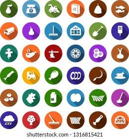 Color back flat icon set - field vector, rain, seeds, cow, milk, chicken, wool, ham, fish, farm, hay, onion, orange, pear, plum, fruit tree, harvester, tractor, plow, scarecrow, rake, sickle, shovel