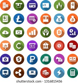 Color back flat icon set - credit card vector, ripple sign, litecoin, storm, japanese chart, growth graph, bitcoin palm, bag, cloud, shield, presentation, receipt, ruble, cent, coin, dollar, safe
