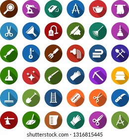 Color back flat icon set - shovel and rake vector, plow, scissors, razor blade, mining, plunger, scraper, vacuum cleaner, fetlock, sponge, car, scoop, steaming, toilet brush, rubber glove, trowel