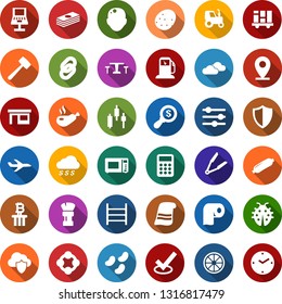 Color back flat icon set - sausage vector, potato, orange, tractor, cafe, clouds, plane, bald head, hair iron, shaving brush, japanese chart, bitcoin column, towel, toilet paper, lawn mower, sun