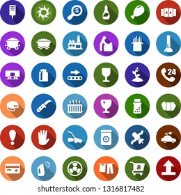 Color back flat icon set - milk can vector, wool, ham, cheese, automatic door, baby room, sun, make up brush, rubber glove, bitcoin cart, steaming, drying clothes, shining window, ripper, lady bug