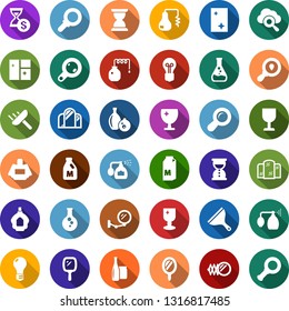Color back flat icon set - milk vector, distilizer, mirror, pump sprayer, parfume, scraper, window cleaning, shining, flask, bulb, glass bottle, fragile, search cargo, account history, cloud