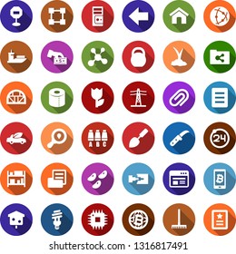 Color back flat icon set - 24 around vector, seat map, bitcoin globe, phone, blockchain molecule, toilet paper, trowel, rake, sproute, garden knife, greenhouse, seeds, bird house, power line pillar
