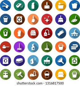 Color back flat icon set - bucket vector, washer, scraper, broom, vacuum cleaner, fetlock, mop, sponge, car, scoop, steaming, washing powder, cleaning agent, rubber glove