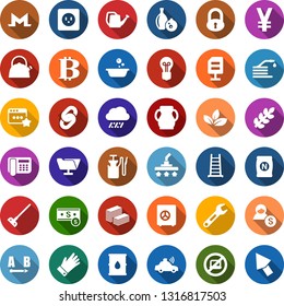 Color back flat icon set - rain vector, fertilizer, no laptop, lock, bitcoin sign, monero, chain, vacuum cleaner, foam basin, farm fork, bench, seeds, ladder, watering can, glove, hose, hoe, leaf