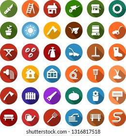 Color back flat icon set - well vector, flower in pot, farm fork, fence, rake, ladder, seedling, watering can, wheelbarrow, sproute, boot, saw, lawn mower, house, sun, hose, garden knife, axe, bench