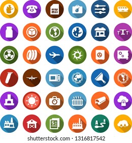 Color back flat icon set - barn vector, sun, farm, cafe, train, bomb in case, camera, plane, electric razor, barbershop building, phone, cube, scraper, plates, fireplace, earth, factory, nuclear