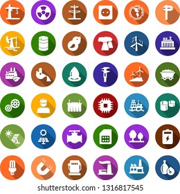 Color back flat icon set - offshore oil platform vector, battery, sun panel, jack, mine trolley, gas station, windmill, pipeline, earth, thermal power plant, barrel, hydro, line pillar, socket, eco