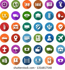 Color back flat icon set - route vector, signpost, earth, pin, railroad, important flag, plane, cash, traffic light, office phone, 24 hours, support, mobile tracking, truck trailer, car delivery