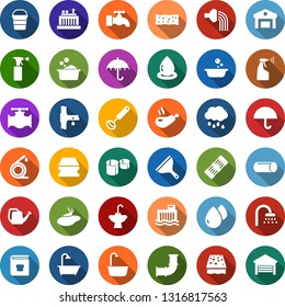 Color back flat icon set - bucket vector, sprayer, scraper, sponge, water tap, bath, foam basin, shower, sink, watering, hose, pond, drip irrigation, can, rain, oil pipeline, hydro power plant, drop