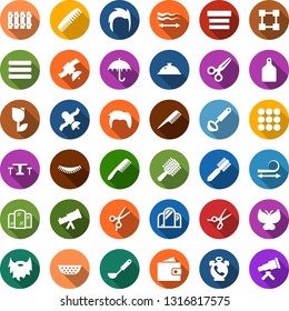Color back flat icon set - cafe vector, phone alarm, scissors, comb, wallet, mirror, hair straightening, eyelashes, beard, man, blockchain, fence, glove, butterfly, garden light, satellite, umbrella