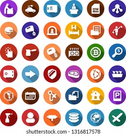 Color back flat icon set - steak vector, cheese, dispatcher, parking, baby room, reception, bed, mining equipment, bitcoin globe, sprayer, plates, house, seedling, earth, electric car, sim card