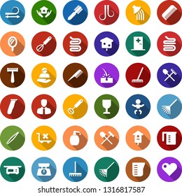Color back flat icon set - shovel and rake vector, baby, medical room, comb, mirror, razor, electric, hair straightening, wave of, tweezers, towel, depilation, liquid soap, house hold, watering can