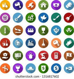Color back flat icon set - leaf vector, arrival, baggage conveyor, plane globe, airport building, hair dye, phone, bucket and broom, clothespin, house hold, seedling, glove, manufacture robot, route